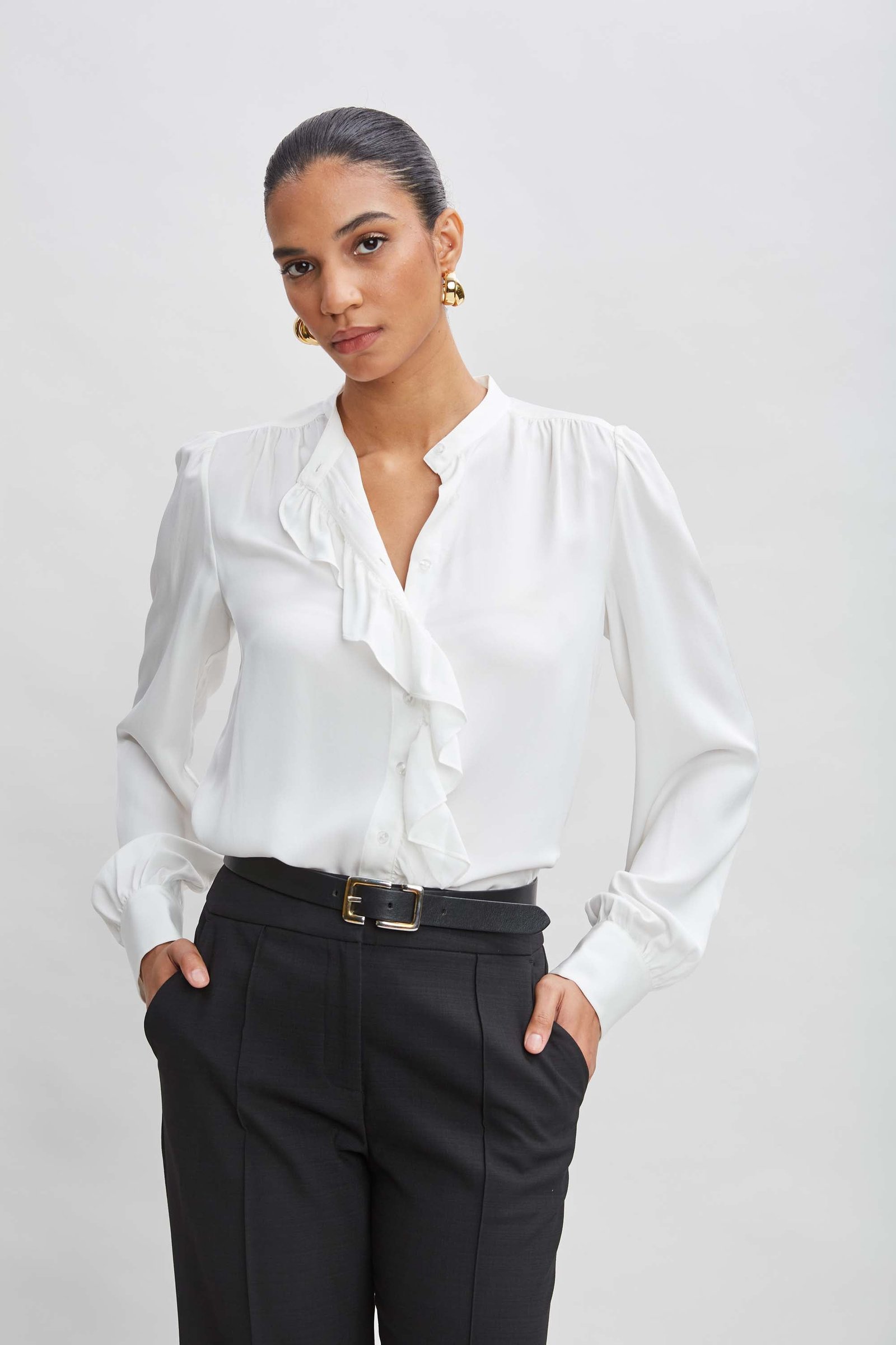 Silk Ruffle Button Down Shirt