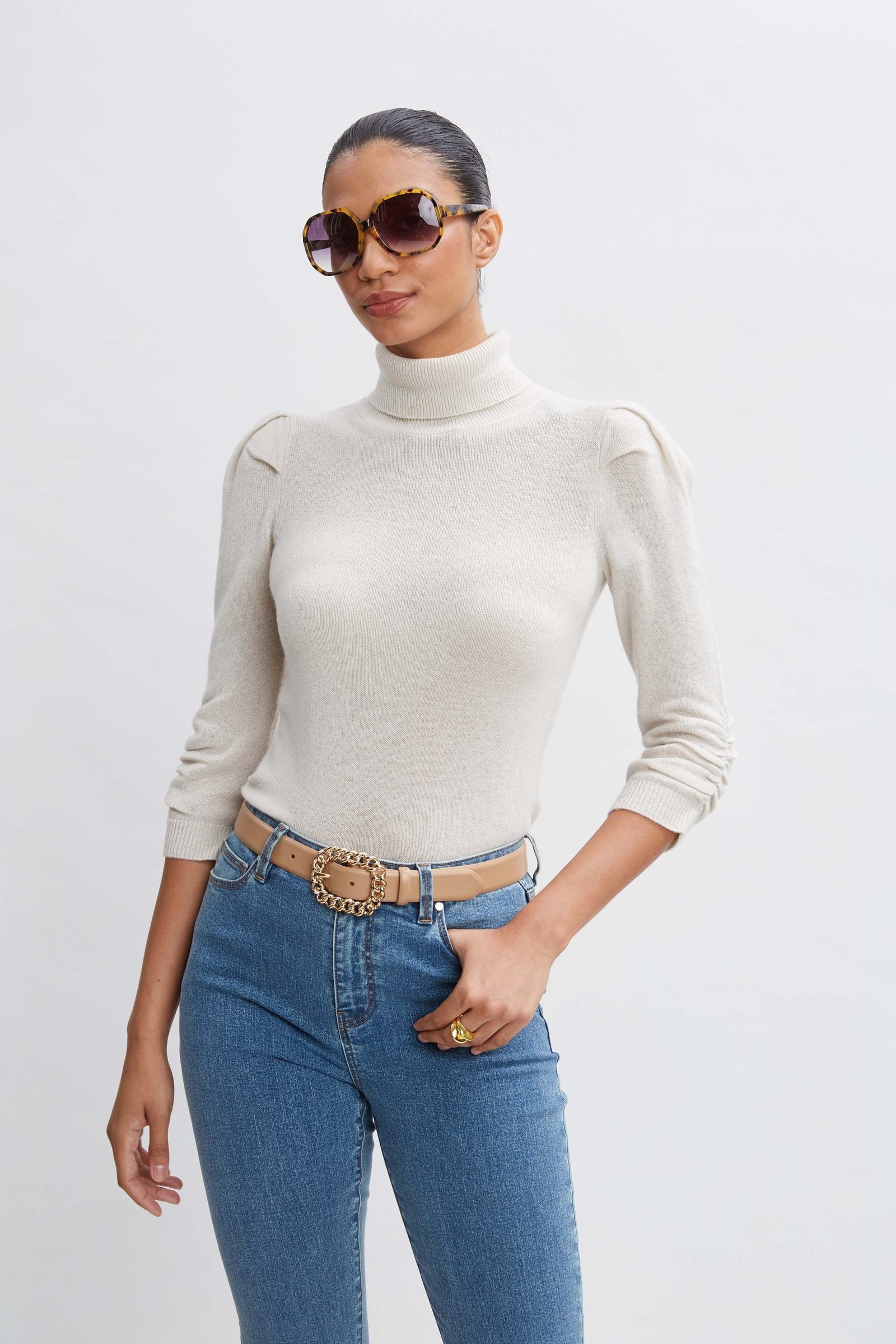 Ruched Sleeve Cashmere Wool Sweater